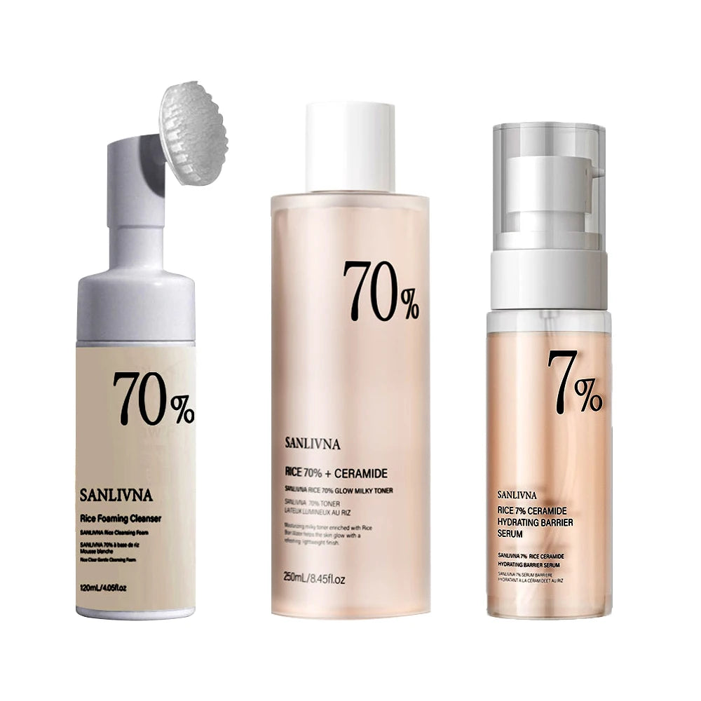 Rice Toner & Cleanser Set – 70% Rice Extract Serum with Niacinamide, Deep Cleansing Foam & Moisturizer for Dry Skin