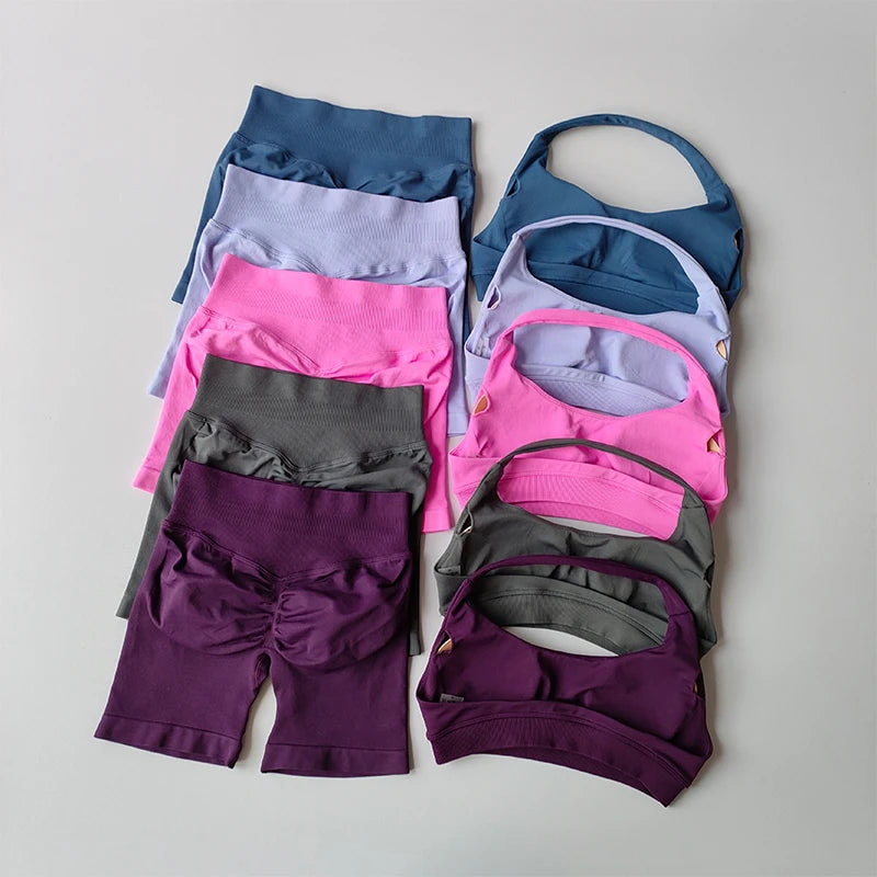 Women’s Halter Sports Bra & Shorts Set – High-Waist Fitness Yoga Outfit