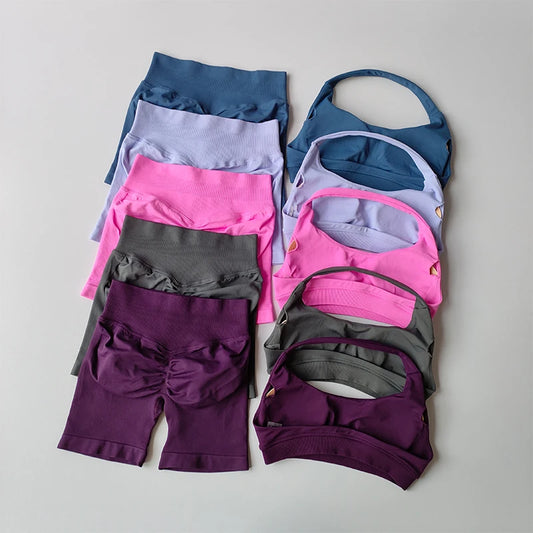 Women’s Halter Sports Bra & Shorts Set – High-Waist Fitness Yoga Outfit